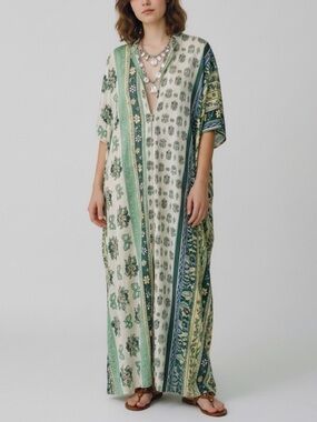 Vintage 70s Miss Bernie’s Kaftan Sage Green Floral Bow print grandmacore mumu